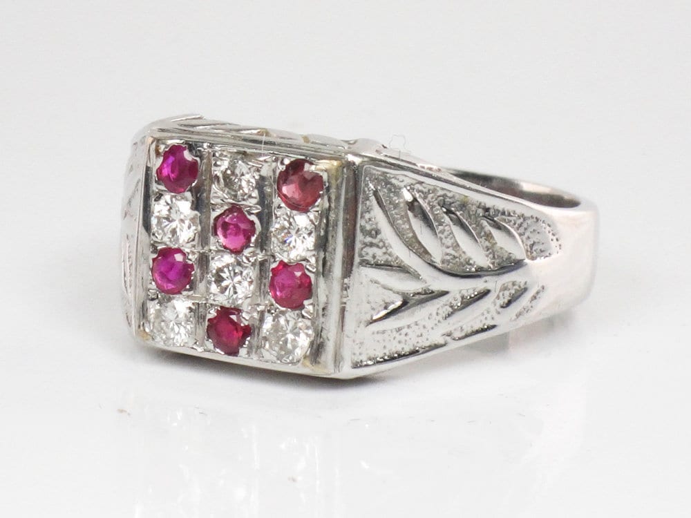 Vintage 14k White Gold Diamond & Ruby Men's Ring - Size 12.25