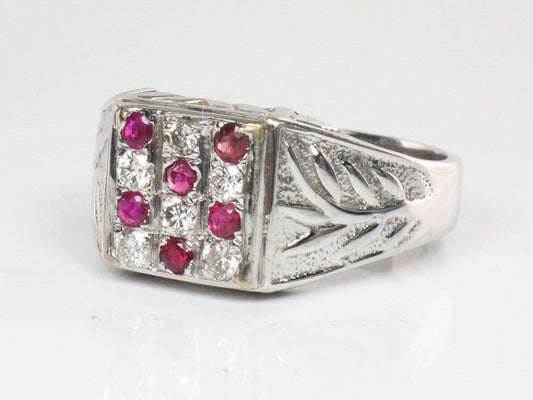 Vintage 14k White Gold Diamond & Ruby Men's Ring - Size 12.25