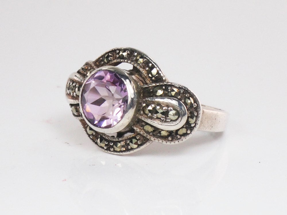 Vintage Sterling Silver Amethyst and Marcasite Ring Purple February Birthstone Ring - Size 6