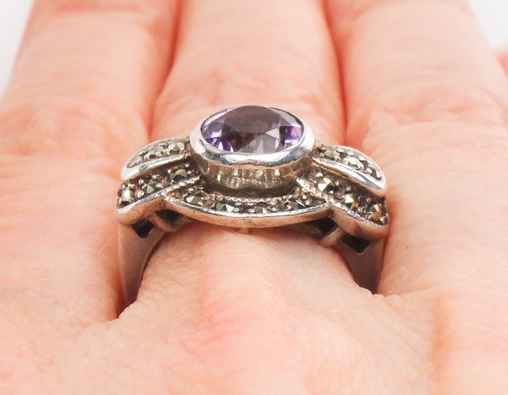 Vintage Sterling Silver Amethyst and Marcasite Ring Purple February Birthstone Ring - Size 6