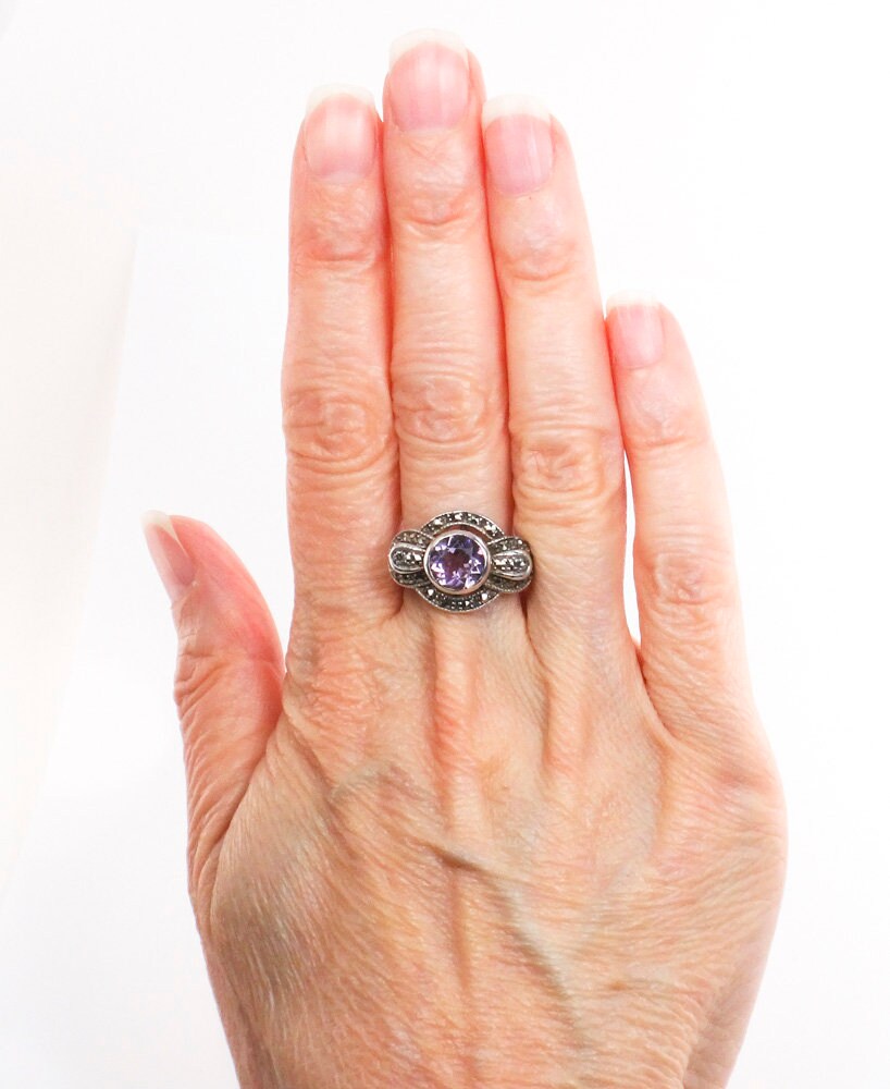 Vintage Sterling Silver Amethyst and Marcasite Ring Purple February Birthstone Ring - Size 6