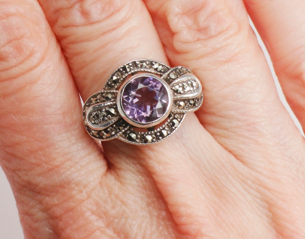 Vintage Sterling Silver Amethyst and Marcasite Ring Purple February Birthstone Ring - Size 6