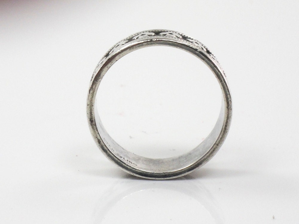 Floral Silver Band - 6.25 MM Wide Vintage Sterling Wedding Ring or Stacking