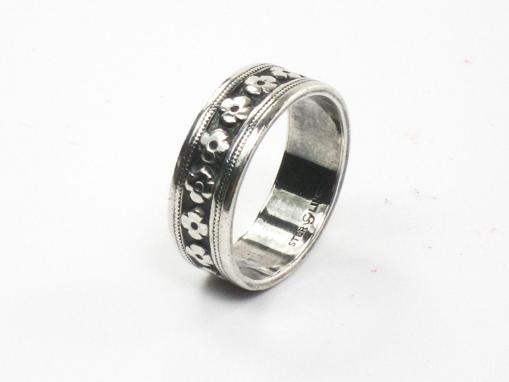 Floral Silver Band - 6.25 MM Wide Vintage Sterling Wedding Ring or Stacking