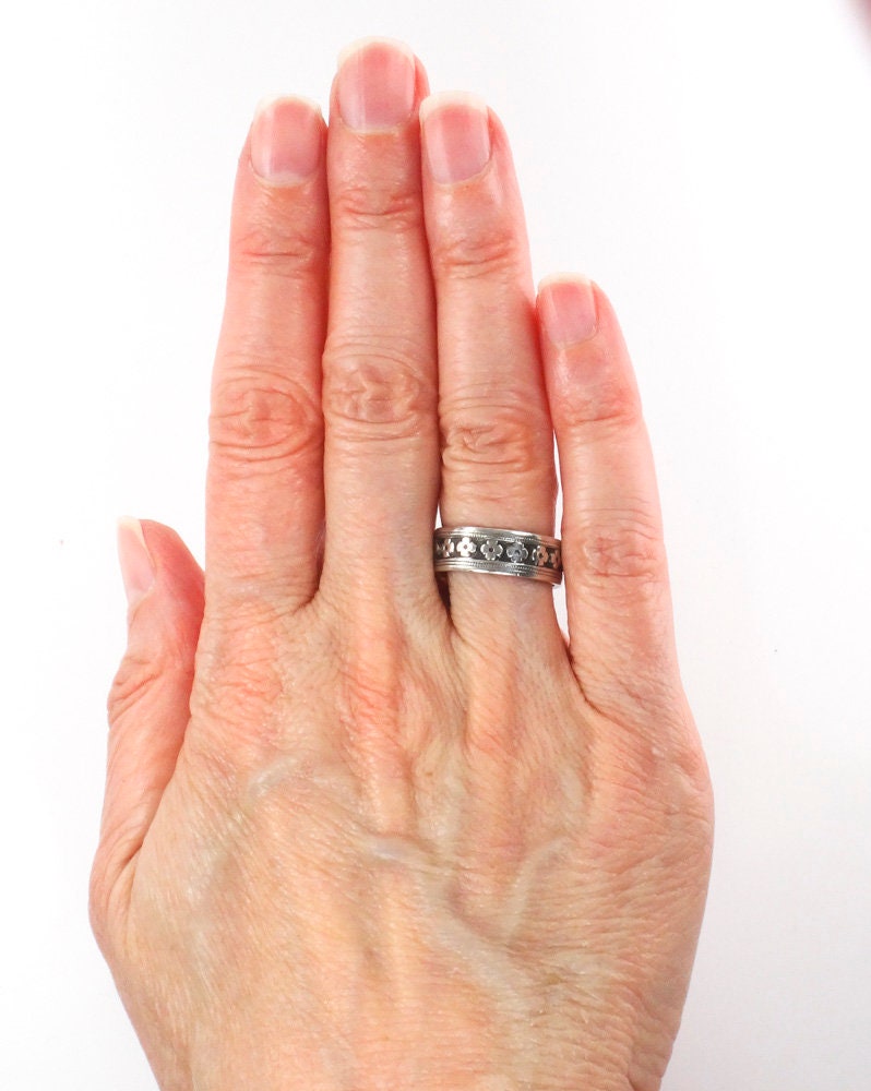 Floral Silver Band - 6.25 MM Wide Vintage Sterling Wedding Ring or Stacking