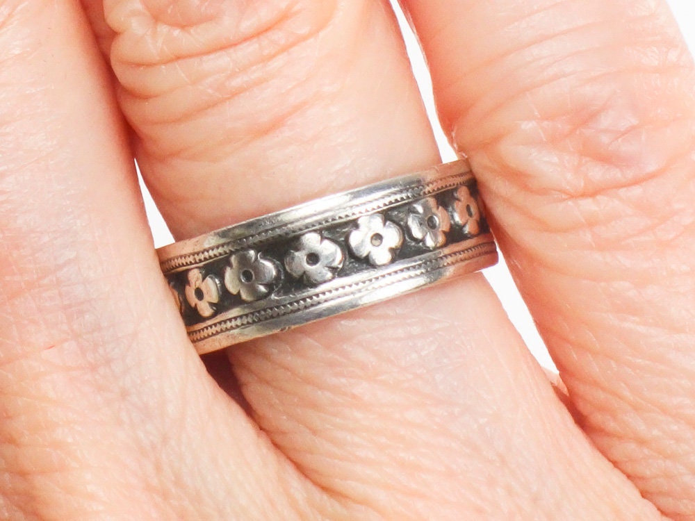 Floral Silver Band - 6.25 MM Wide Vintage Sterling Wedding Ring or Stacking