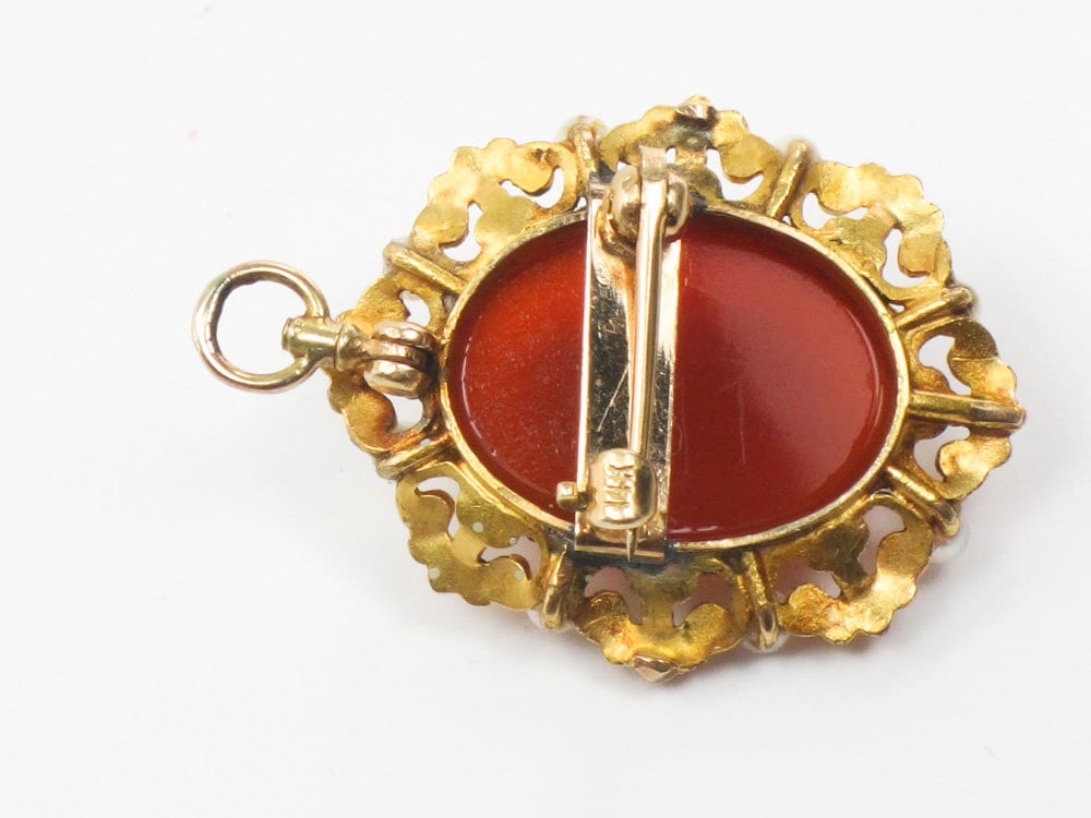 Antique 14k Gold Hardstone Cameo with Cultured Pearls Pendant / Pin