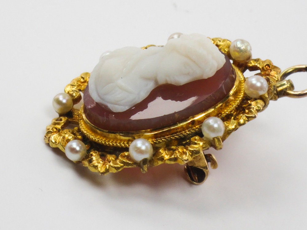 Antique 14k Gold Hardstone Cameo with Cultured Pearls Pendant / Pin