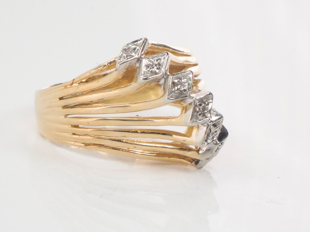 Vintage Wide 18k Gold Seven Natural Diamond Ring Two Tone Gold Right Hand Ring Size 8.25