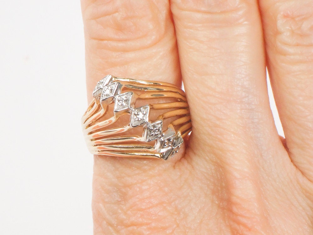 Vintage Wide 18k Gold Seven Natural Diamond Ring Two Tone Gold Right Hand Ring Size 8.25