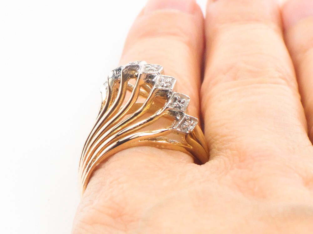 Vintage Wide 18k Gold Seven Natural Diamond Ring Two Tone Gold Right Hand Ring Size 8.25