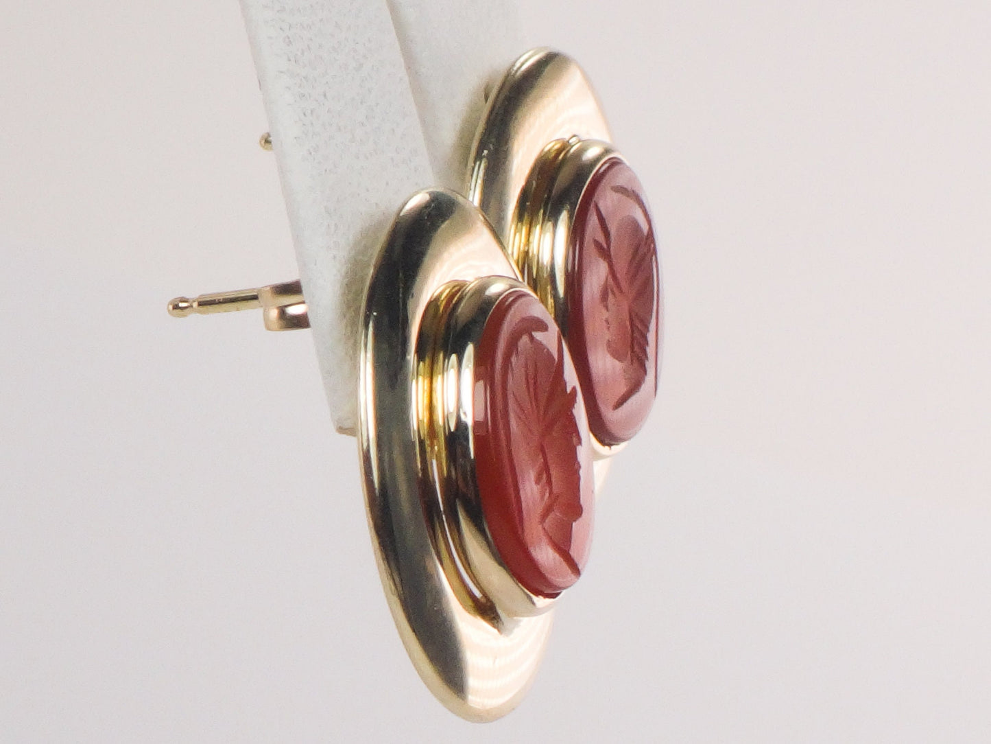 Vintage 14k Yellow Gold Carnelian Intaglio Stud Earrings - Oval Carved Roman Soldier Earrings