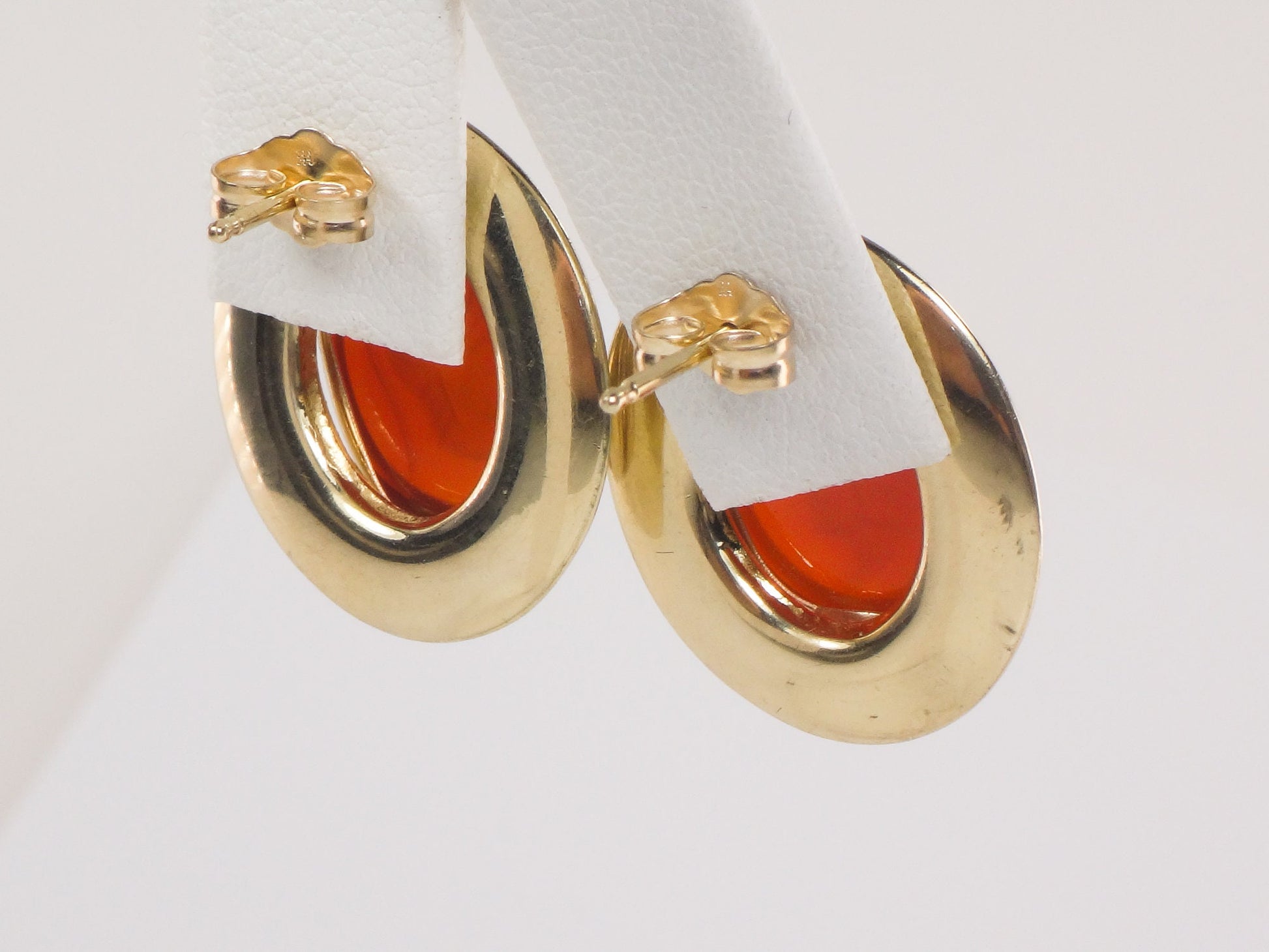 Vintage 14k Yellow Gold Carnelian Intaglio Stud Earrings - Oval Carved Roman Soldier Earrings