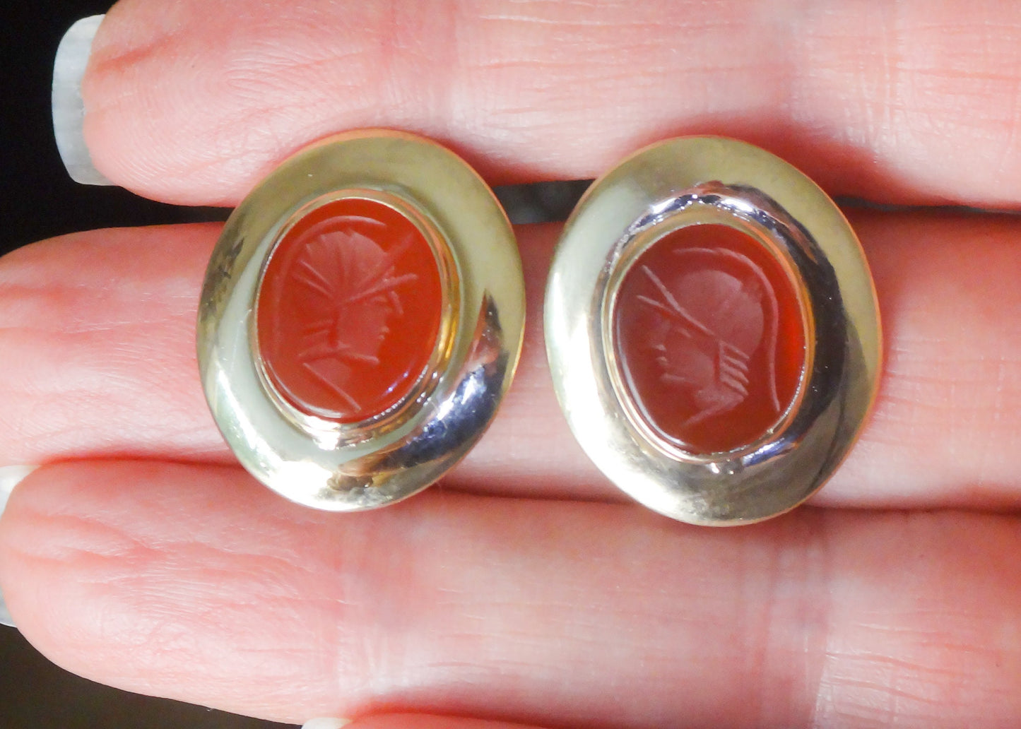 Vintage 14k Yellow Gold Carnelian Intaglio Stud Earrings - Oval Carved Roman Soldier Earrings