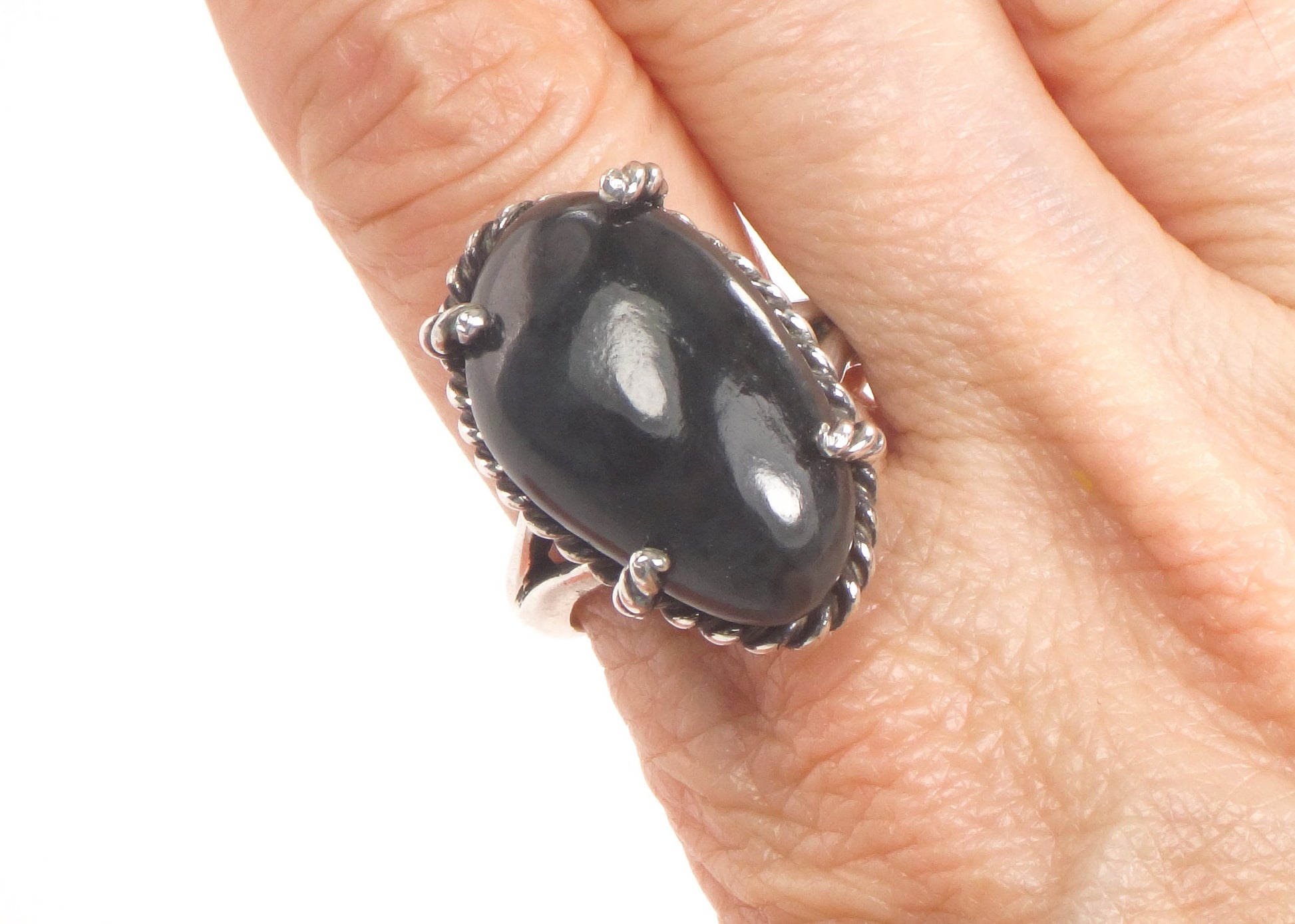 Vintage Large Sterling Silver Black Stone Ring Boho Right Hand Ring Size 9