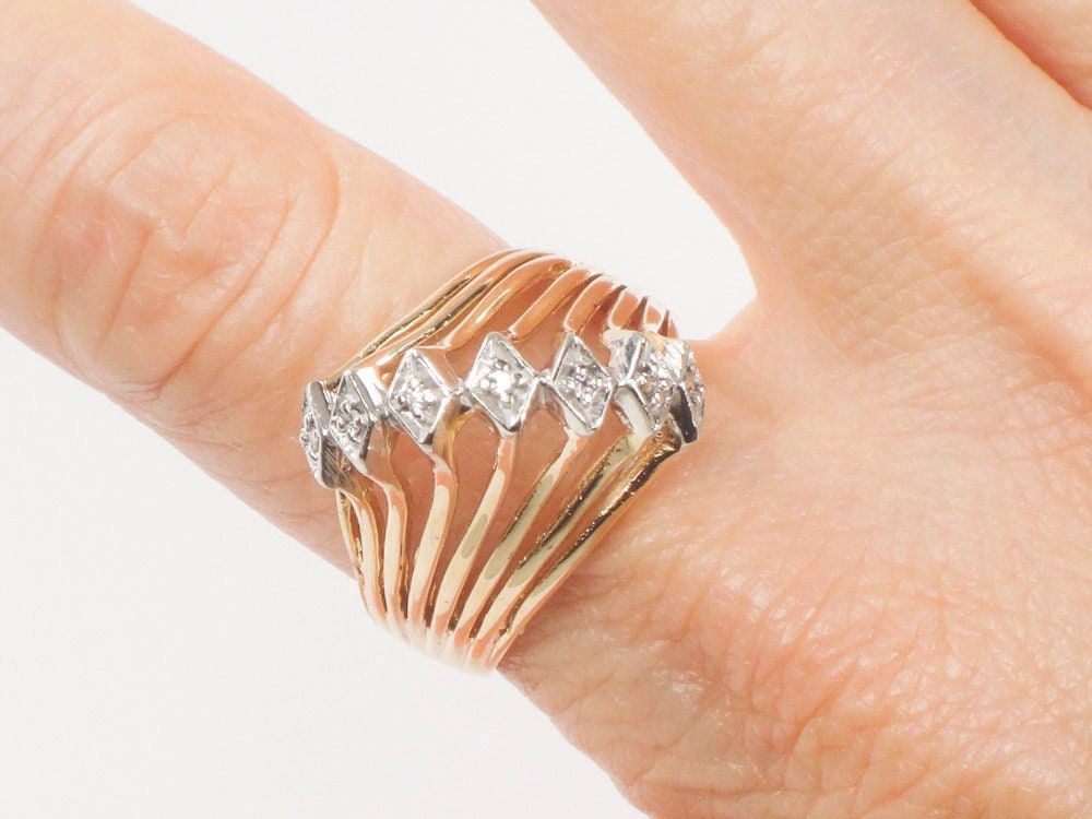Vintage Wide 18k Gold Seven Natural Diamond Ring Two Tone Gold Right Hand Ring Size 8.25