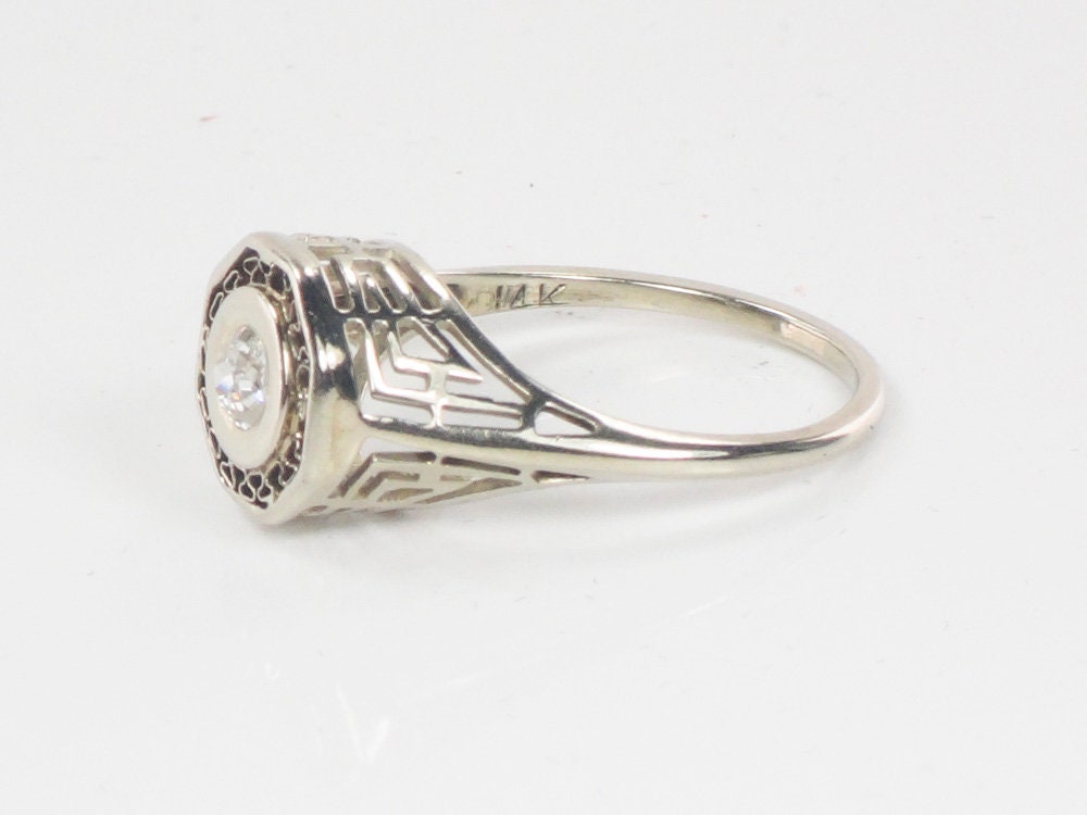Vintage 14k White Gold Old Mine Cut Diamond Ring Art Deco Filigree Natural Diamond Engagement Ring Circa 1925