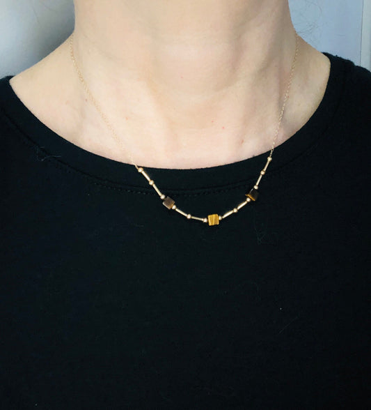 Vintage 14k Yellow Gold Tiger Eye Station Necklace 15.75" Choker Necklace
