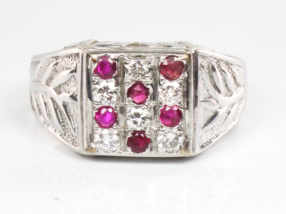 Vintage 14k White Gold Diamond & Ruby Men's Ring - Size 12.25