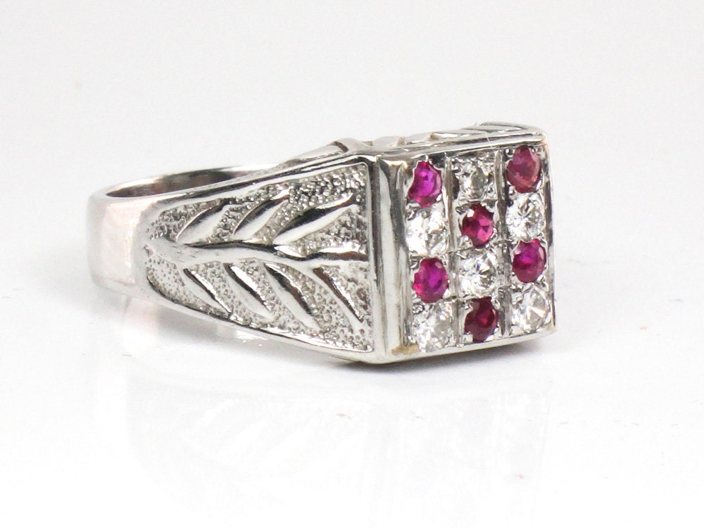 Vintage 14k White Gold Diamond & Ruby Men's Ring - Size 12.25