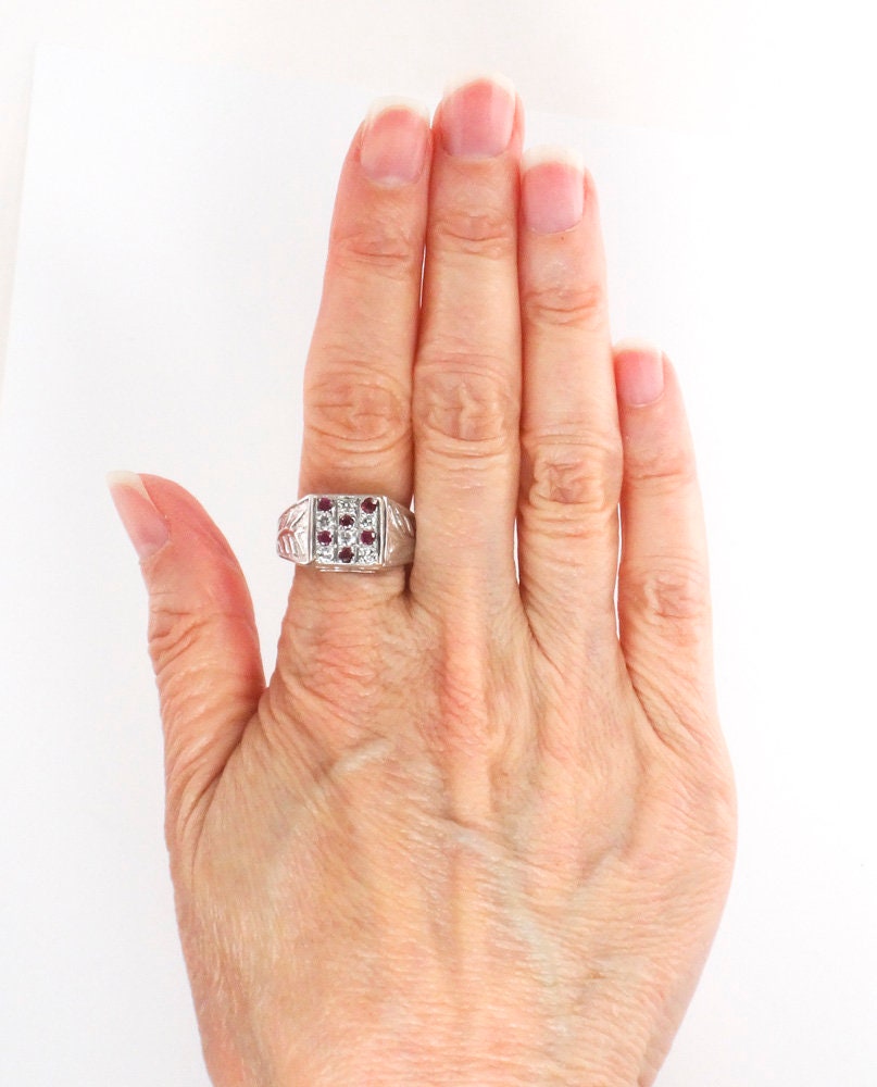 Vintage 14k White Gold Diamond & Ruby Men's Ring - Size 12.25