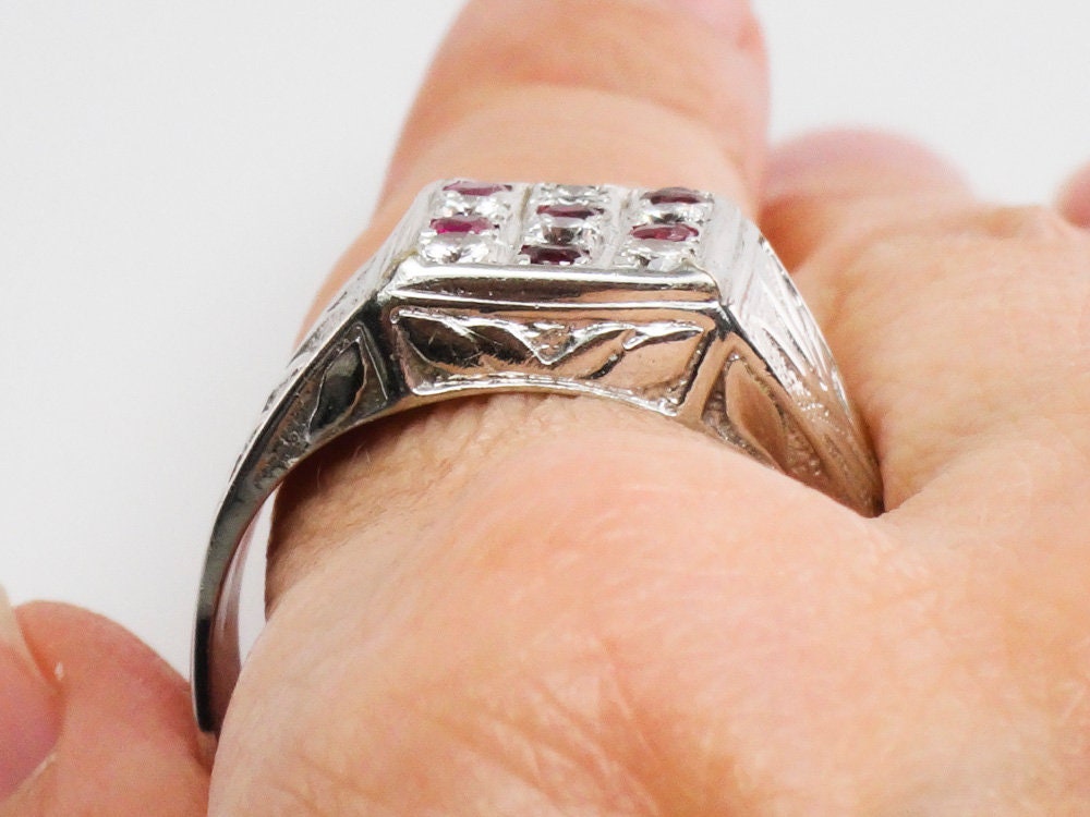 Vintage 14k White Gold Diamond & Ruby Men's Ring - Size 12.25