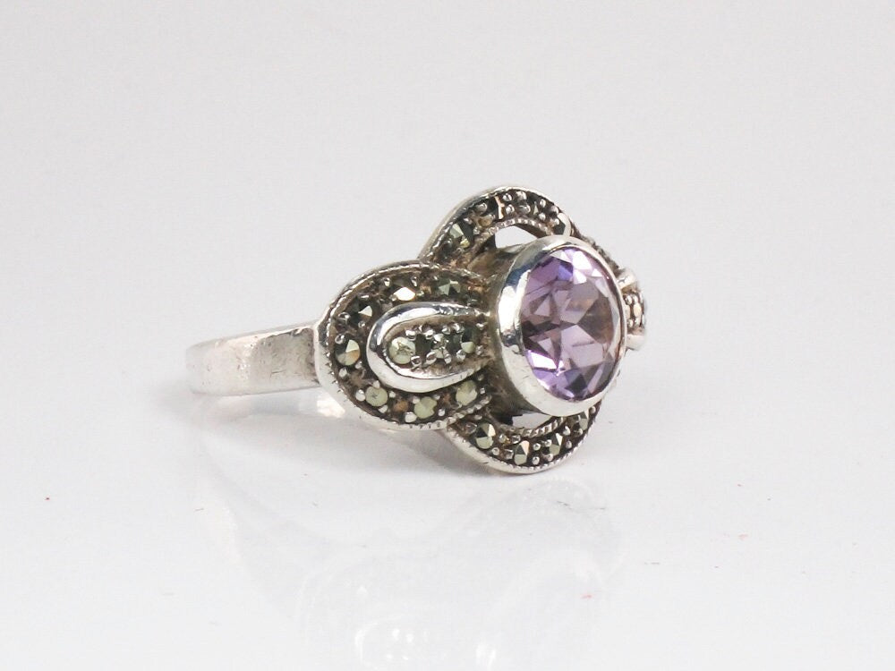 Vintage Sterling Silver Amethyst and Marcasite Ring Purple February Birthstone Ring - Size 6