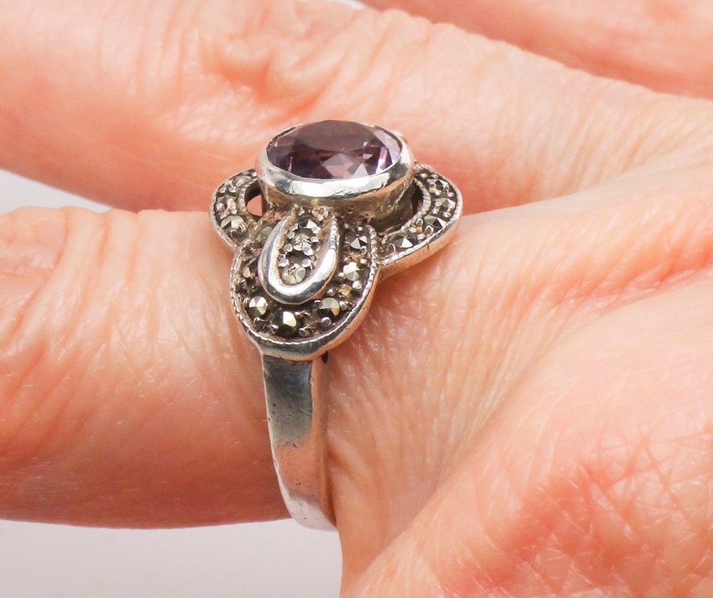Vintage Sterling Silver Amethyst and Marcasite Ring Purple February Birthstone Ring - Size 6