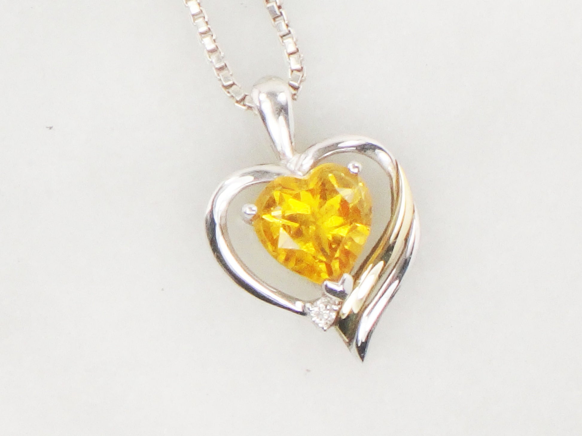 Vintage Sterling Silver & 14k Gold Citrine and Diamond Pendant Necklace, Silver and Gold Heart Necklace, 18" Box Chain