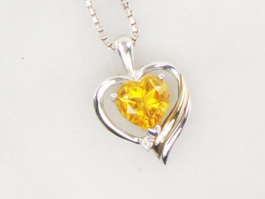 Vintage Sterling Silver & 14k Gold Citrine and Diamond Pendant Necklace, Silver and Gold Heart Necklace, 18" Box Chain
