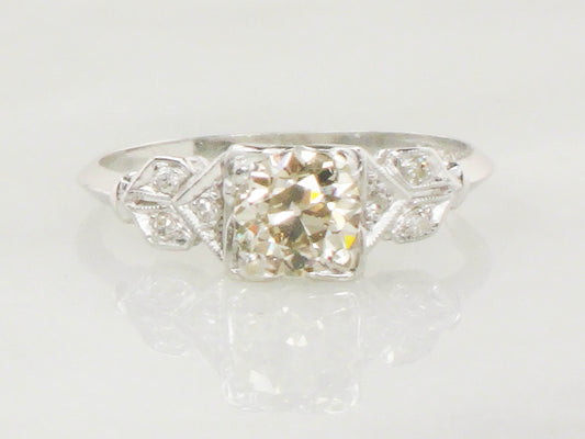 Vintage Diamond Engagement Ring Art Deco Diamond Engagement Ring Light Brown Old European GIA Certified Diamond Platinum Engagement Ring