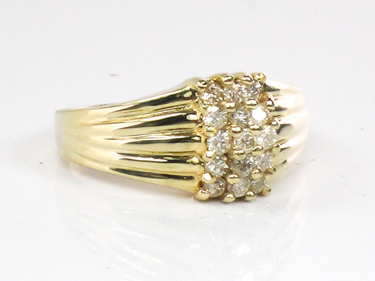 Diamond Cluster Ring - Vintage 14k Yellow Gold Three Row Natural Gemstone Dome Style - Everyday Fine Jewelry - Size 6