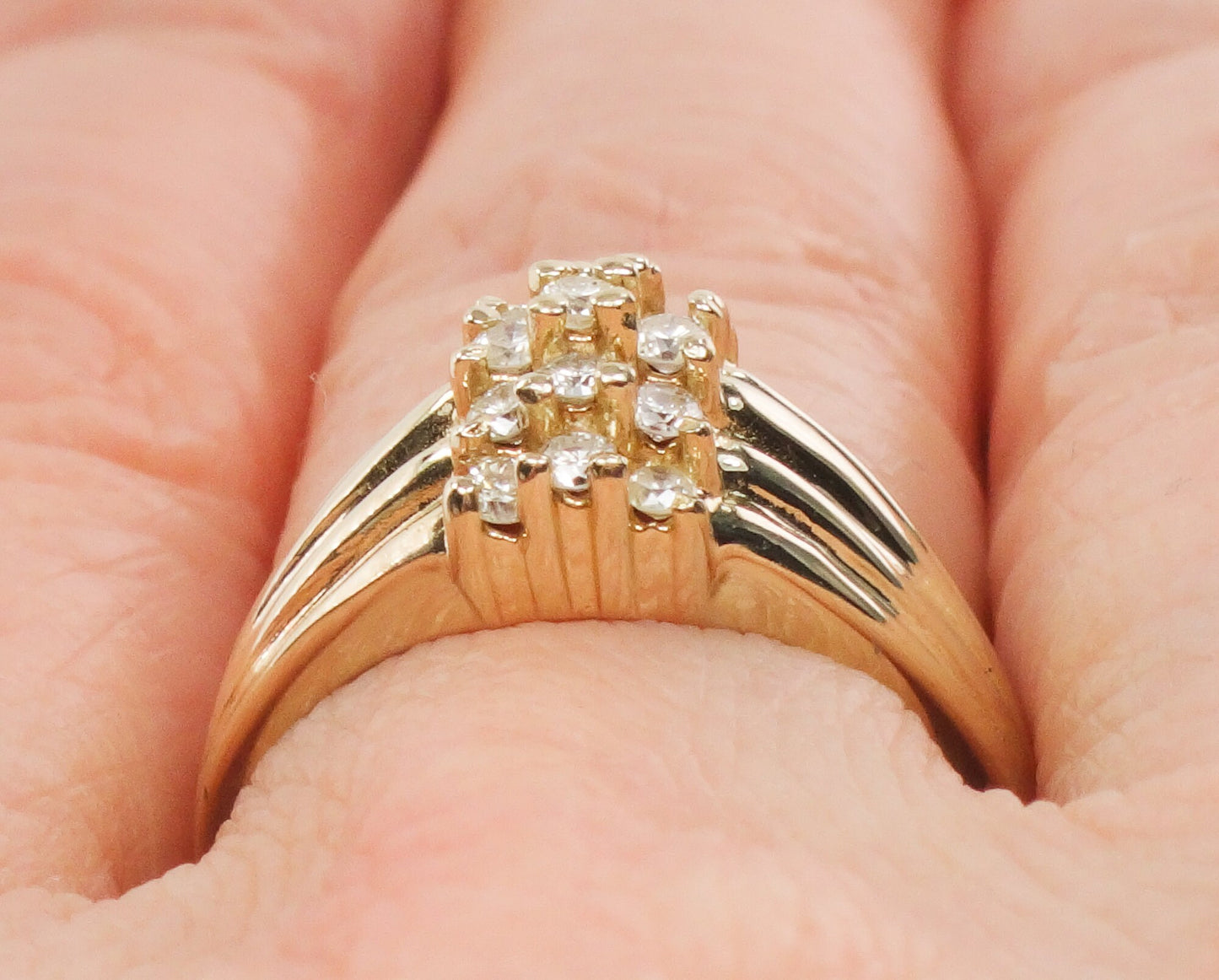 Diamond Cluster Ring - Vintage 14k Yellow Gold Three Row Natural Gemstone Dome Style - Everyday Fine Jewelry - Size 6