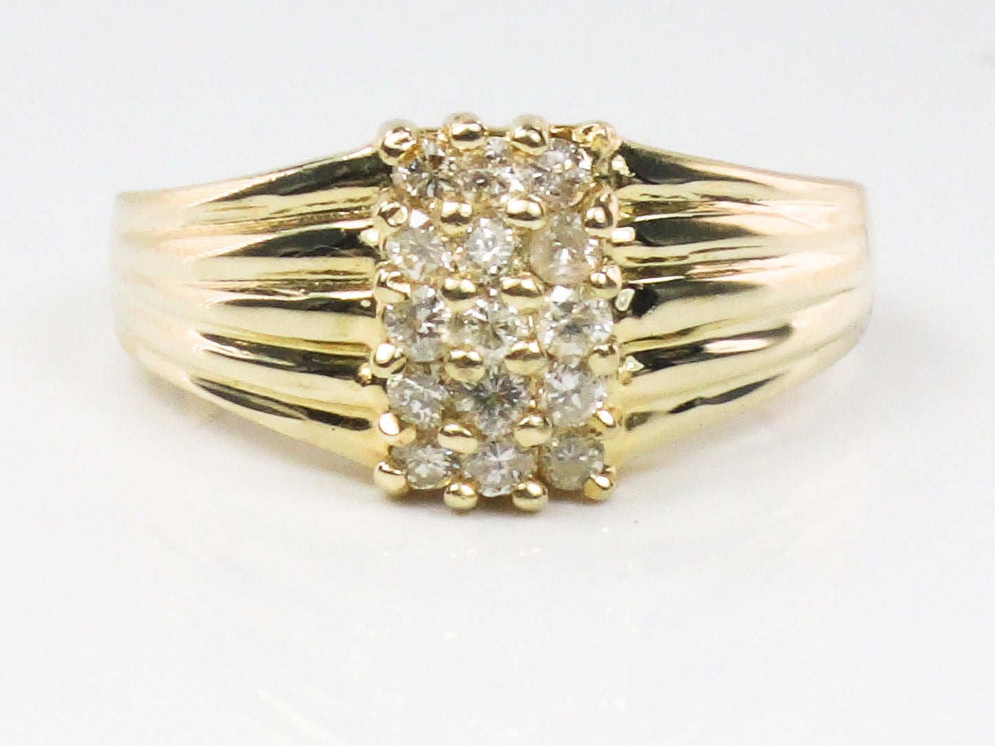 Diamond Cluster Ring - Vintage 14k Yellow Gold Three Row Natural Gemstone Dome Style - Everyday Fine Jewelry - Size 6