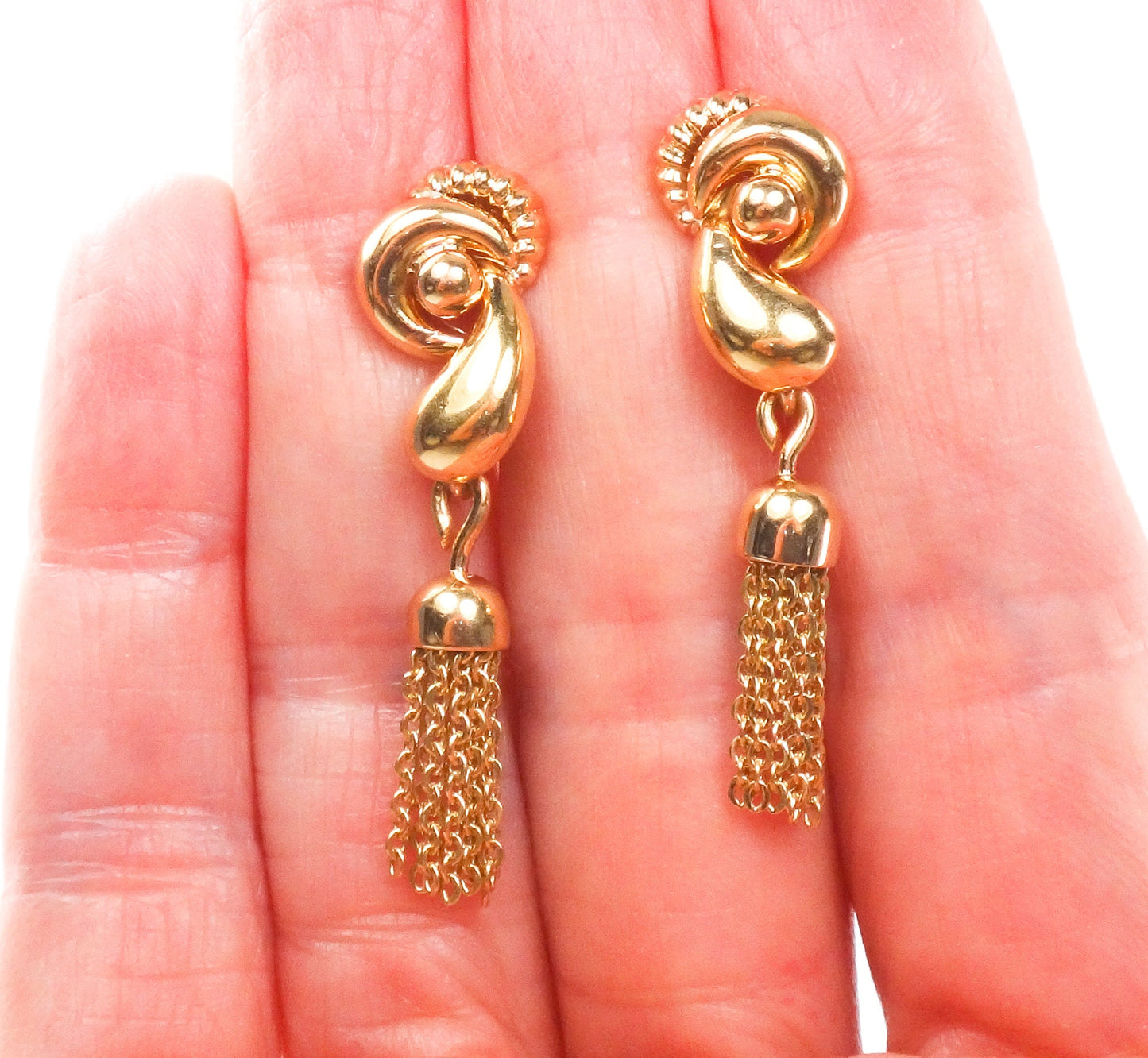 Vintage 18k Yellow Gold Fringe Dangle Earrings Retro Style Tassel Earrings with Lever Backs
