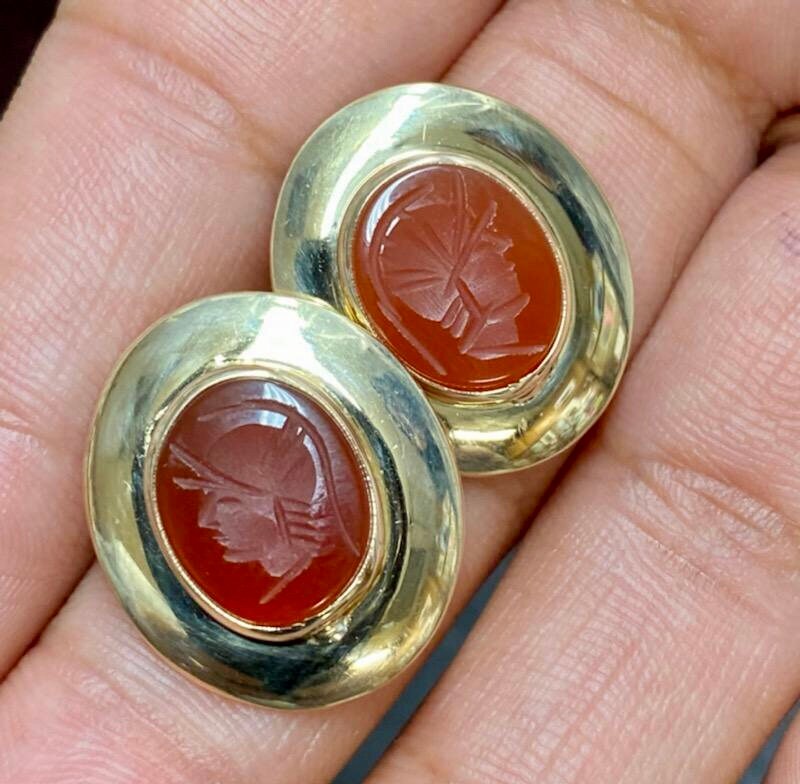 Vintage 14k Yellow Gold Carnelian Intaglio Stud Earrings - Oval Carved Roman Soldier Earrings