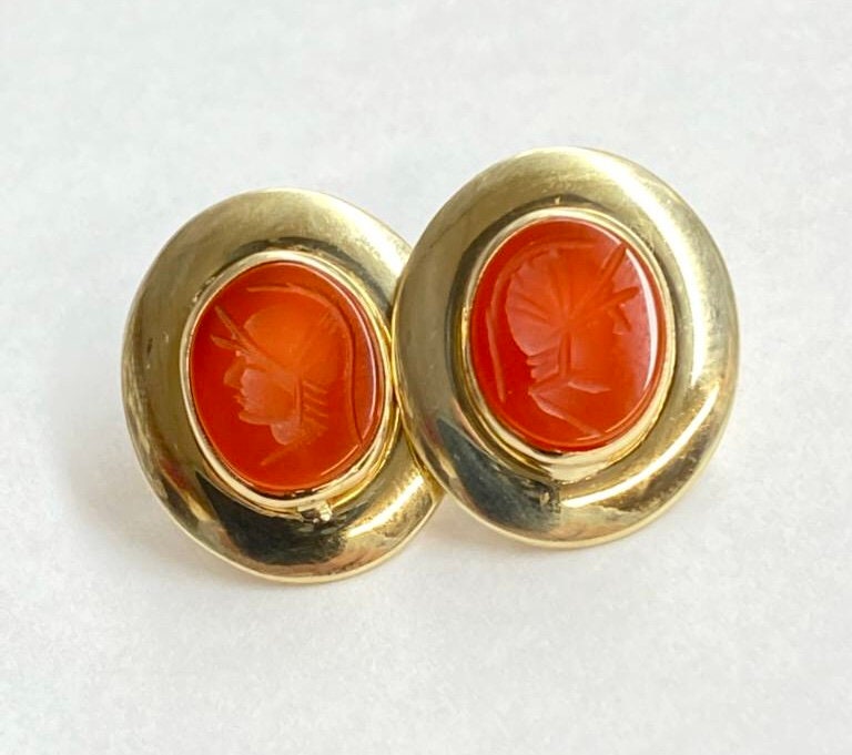 Vintage 14k Yellow Gold Carnelian Intaglio Stud Earrings - Oval Carved Roman Soldier Earrings