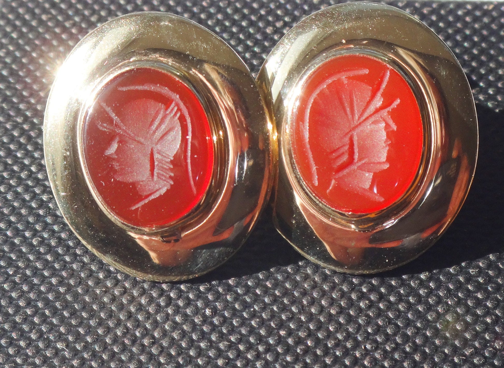 Vintage 14k Yellow Gold Carnelian Intaglio Stud Earrings - Oval Carved Roman Soldier Earrings