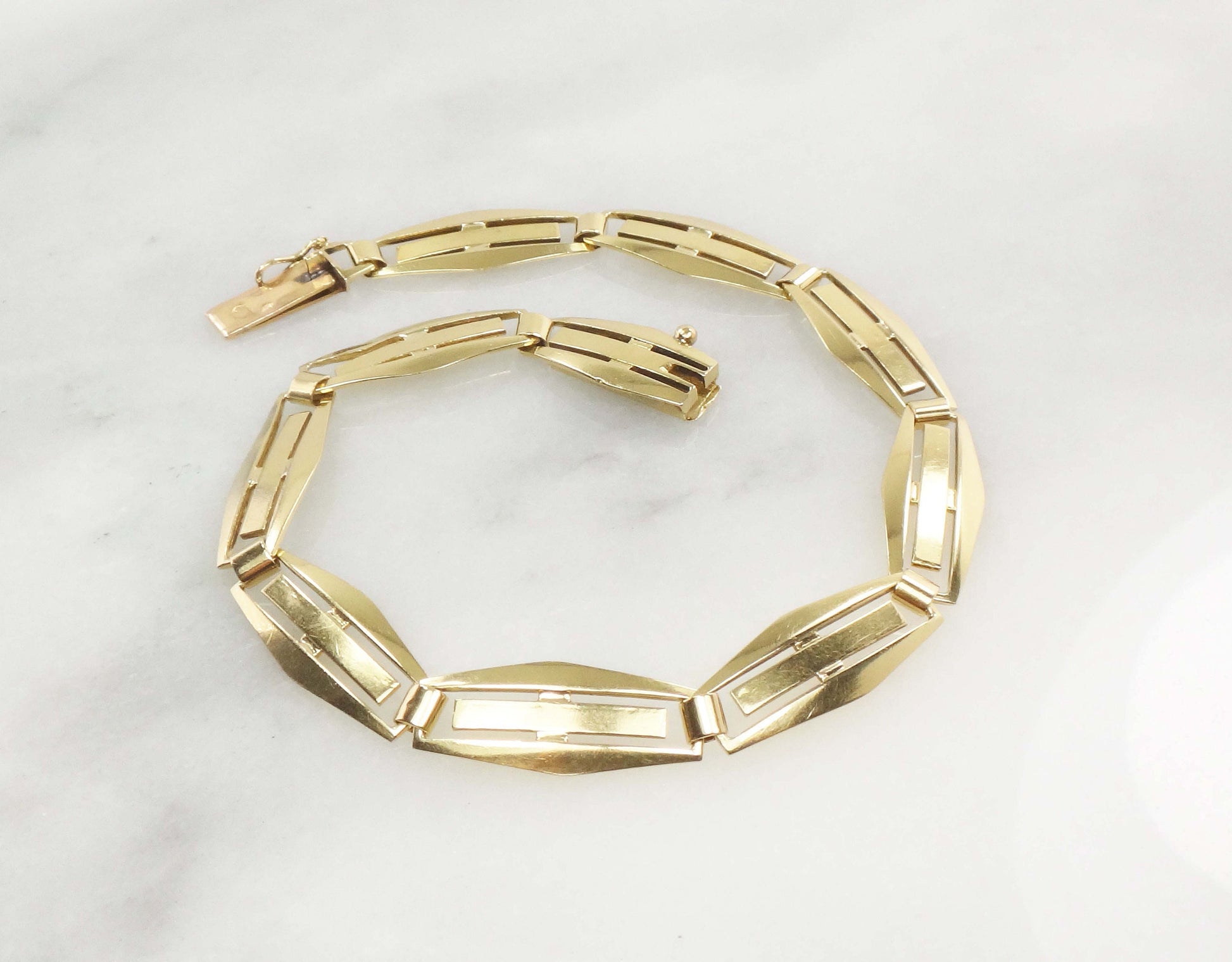Vintage 14k Yellow Gold Geometric Link Bracelet - 1960s 7 5/8"