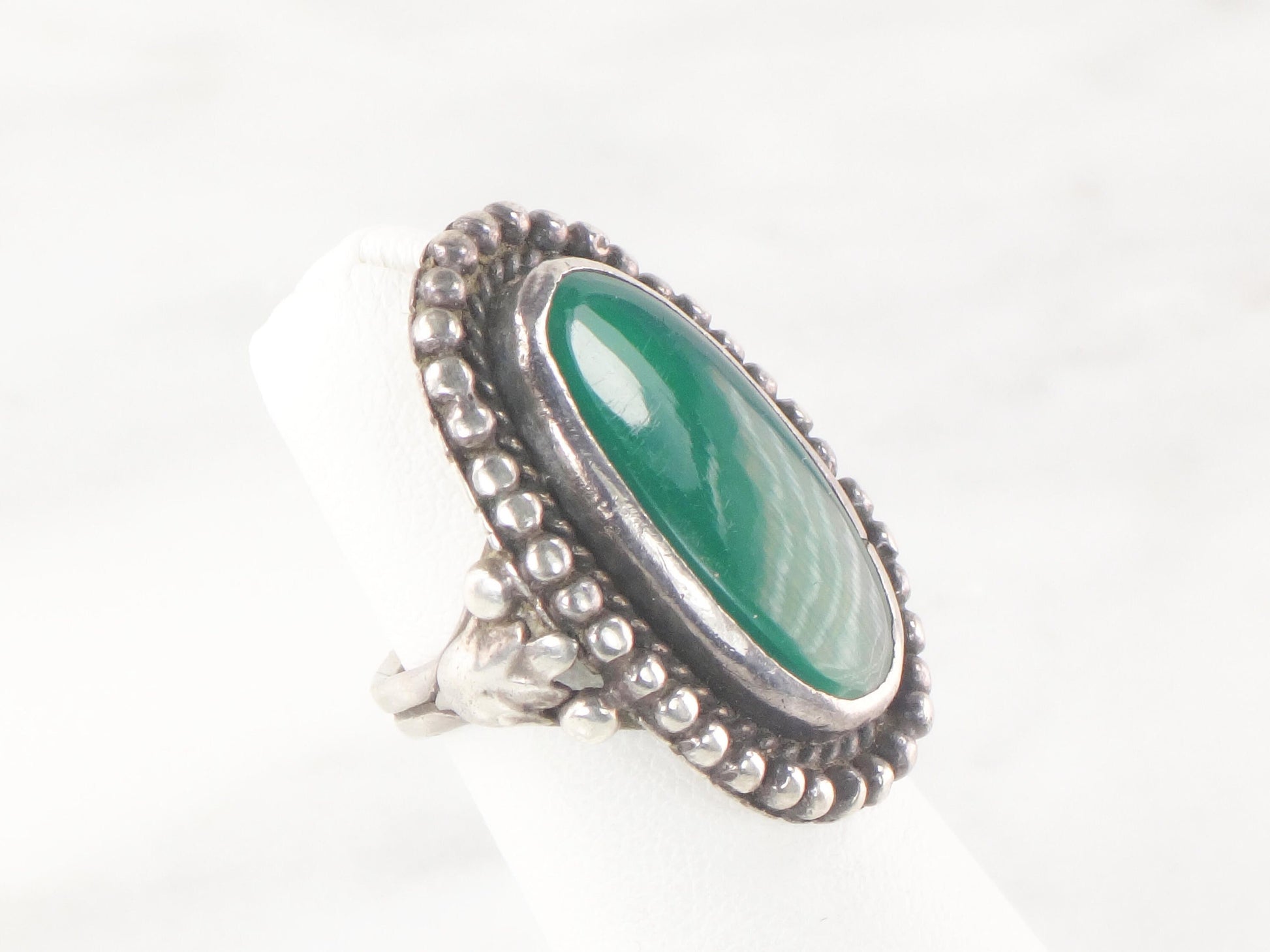 Vintage Sterling Silver Green Glass Ring - Size 5 1/2