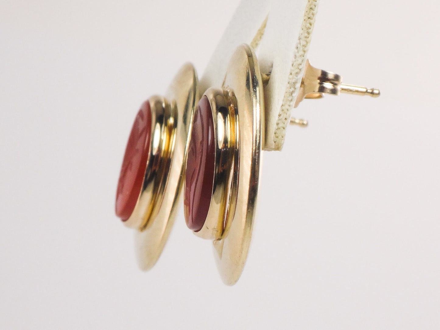 Vintage 14k Yellow Gold Carnelian Intaglio Stud Earrings - Oval Carved Roman Soldier Earrings