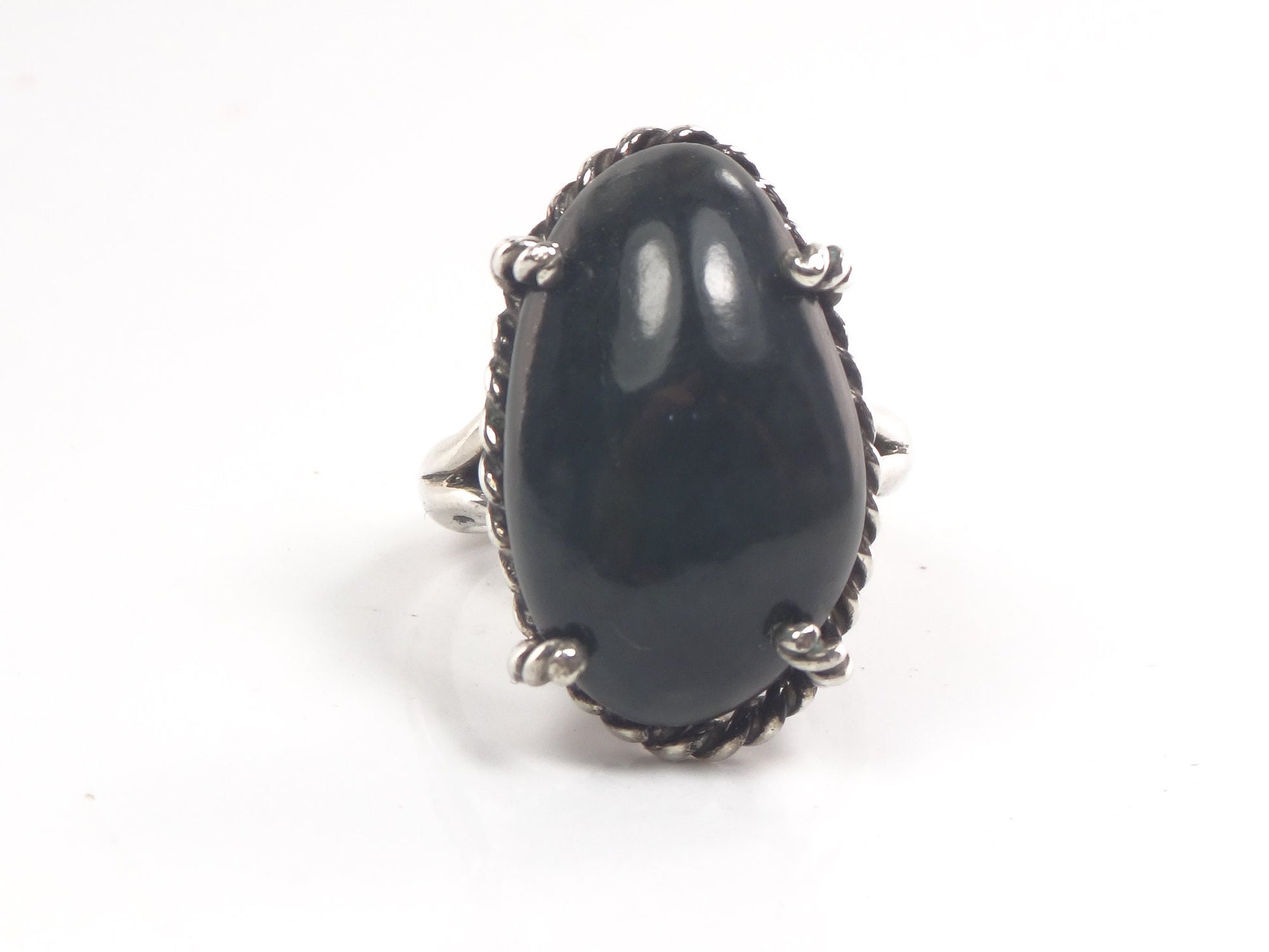 Vintage Large Sterling Silver Black Stone Ring Boho Right Hand Ring Size 9