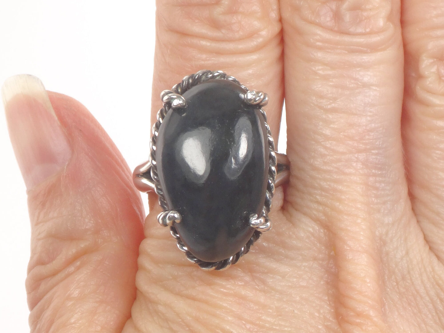 Vintage Large Sterling Silver Black Stone Ring Boho Right Hand Ring Size 9