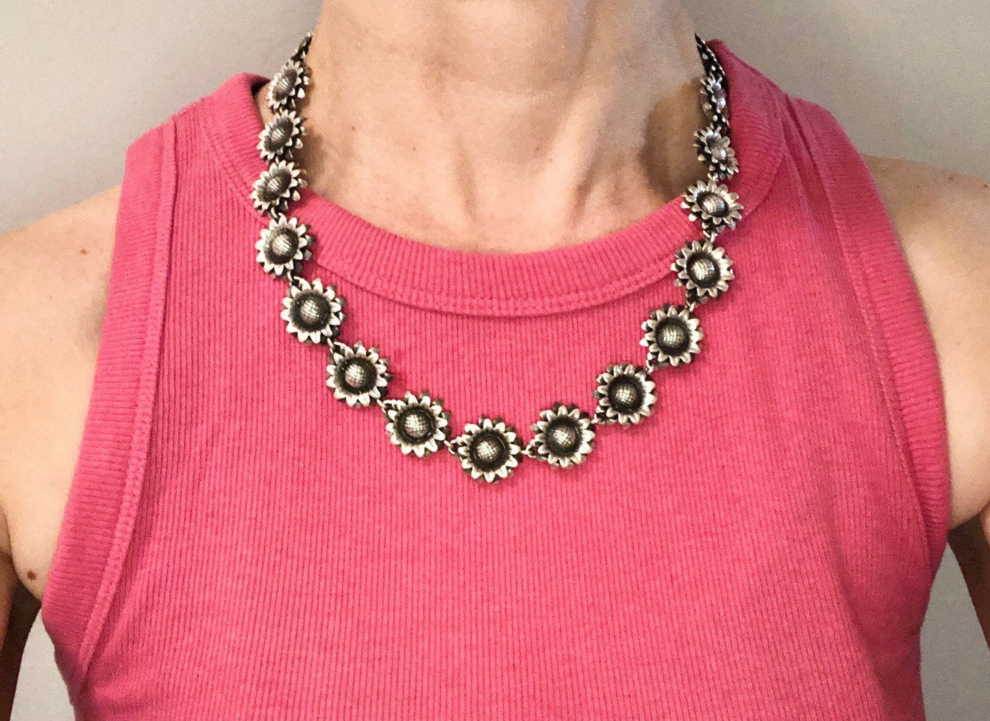 Silver Sunflower Necklace - Vintage Bold Floral Heavy Sterling Jewelry - 19"