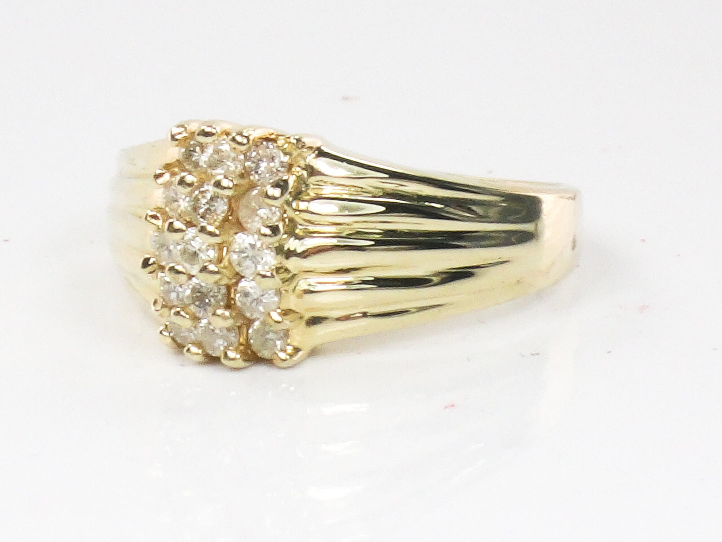 Diamond Cluster Ring - Vintage 14k Yellow Gold Three Row Natural Gemstone Dome Style - Everyday Fine Jewelry - Size 6