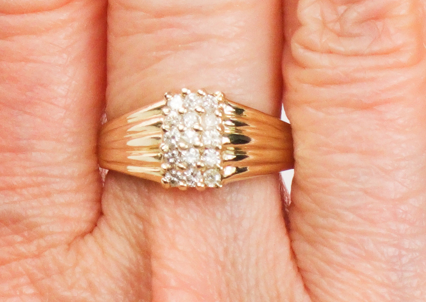 Diamond Cluster Ring - Vintage 14k Yellow Gold Three Row Natural Gemstone Dome Style - Everyday Fine Jewelry - Size 6