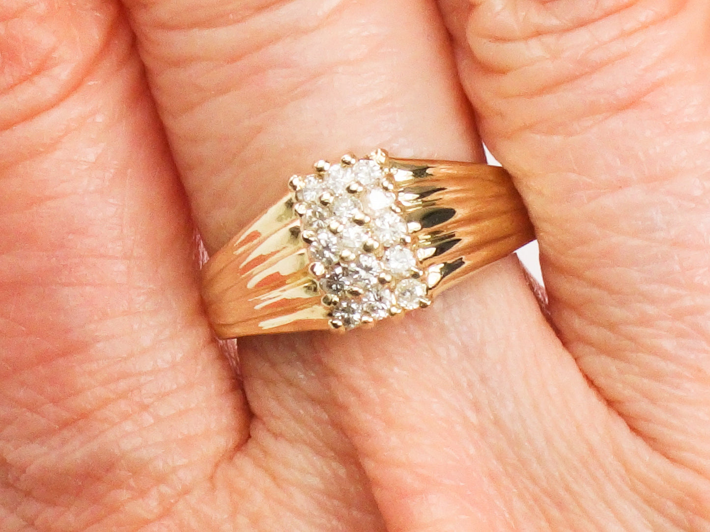 Diamond Cluster Ring - Vintage 14k Yellow Gold Three Row Natural Gemstone Dome Style - Everyday Fine Jewelry - Size 6