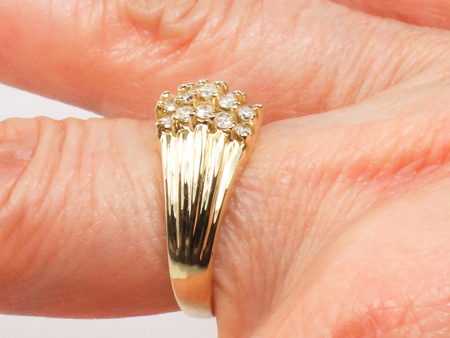 Diamond Cluster Ring - Vintage 14k Yellow Gold Three Row Natural Gemstone Dome Style - Everyday Fine Jewelry - Size 6
