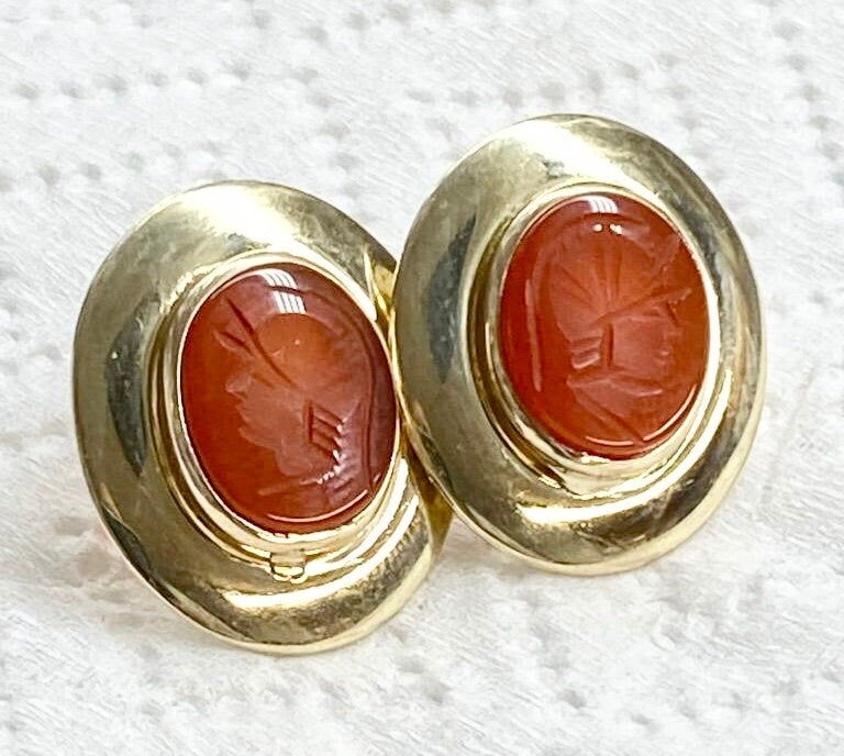 Vintage 14k Yellow Gold Carnelian Intaglio Stud Earrings - Oval Carved Roman Soldier Earrings