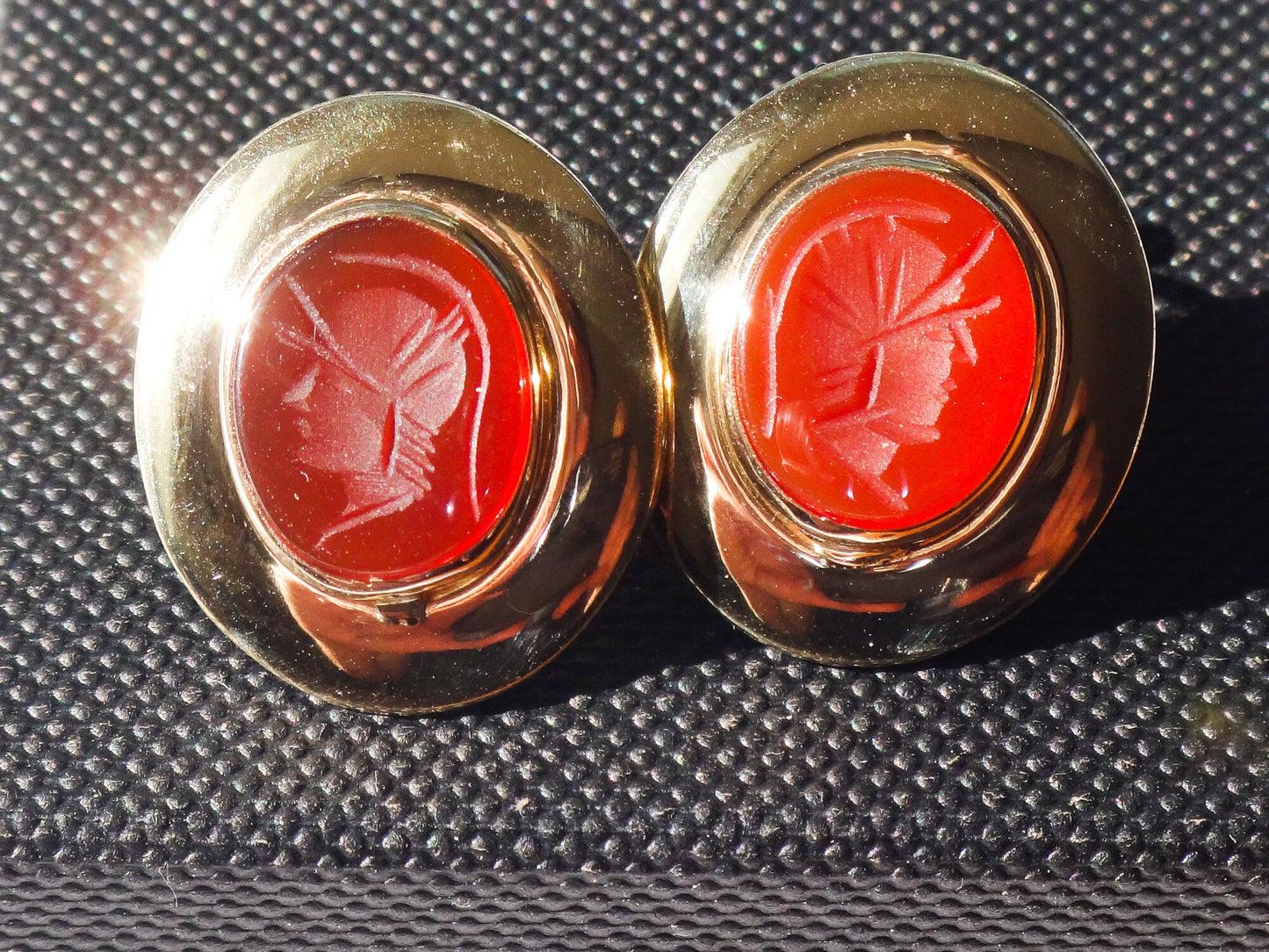 Vintage 14k Yellow Gold Carnelian Intaglio Stud Earrings - Oval Carved Roman Soldier Earrings